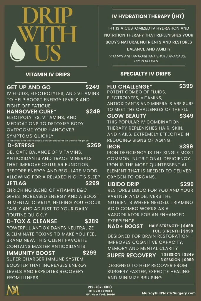 IV Drip menu Murray Hill Plastic Surgery NYC